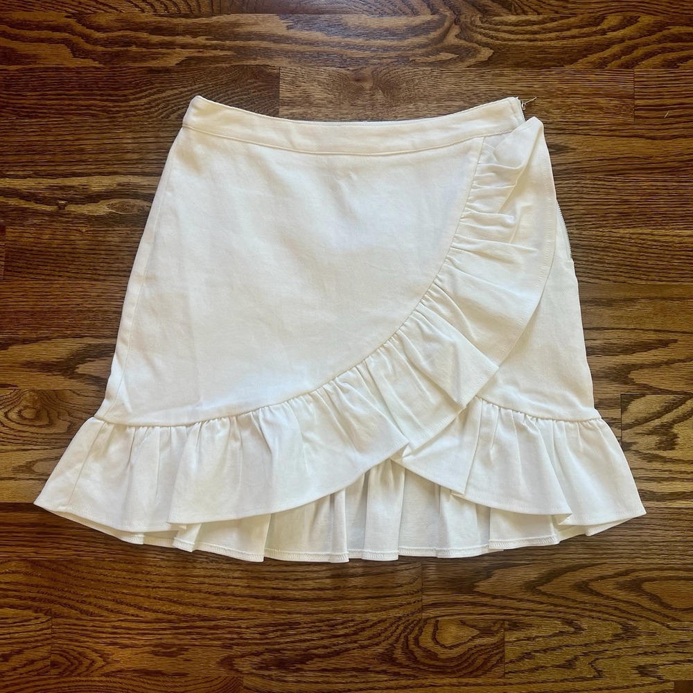 NWT Anthropologie After Market Brand White Denim Ruffle Faux Wrap Skirt Sz Small